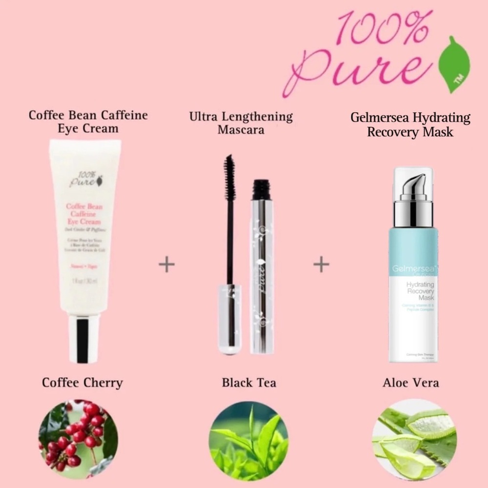 Coffee bean eye cream, Ultra lengthening mascara (black tea), Rapid Calmibg Gel